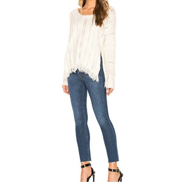 Free People Oceans Drive Cream V Neck Distressed Fringe Hem Sweater. Size Small - Picture 11 of 11